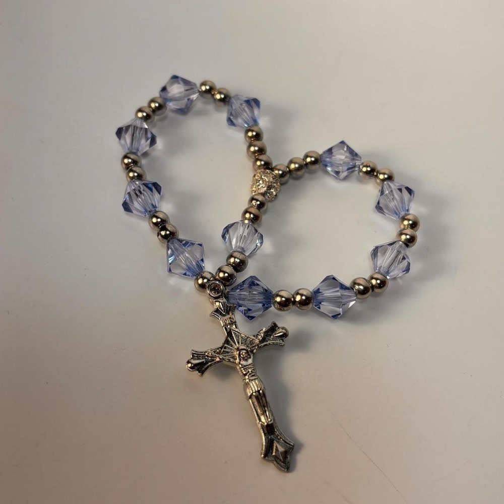 Pocket Rosary Light Blue Crystal Silver Tone Crucifix Catholic Prayer Beads